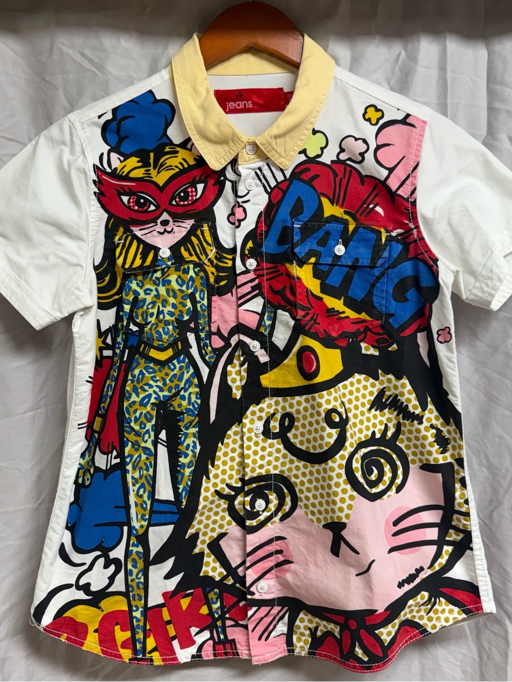Jeans Girls Button-Down Shirt with Yellow Collar and Multicolor Comic Print